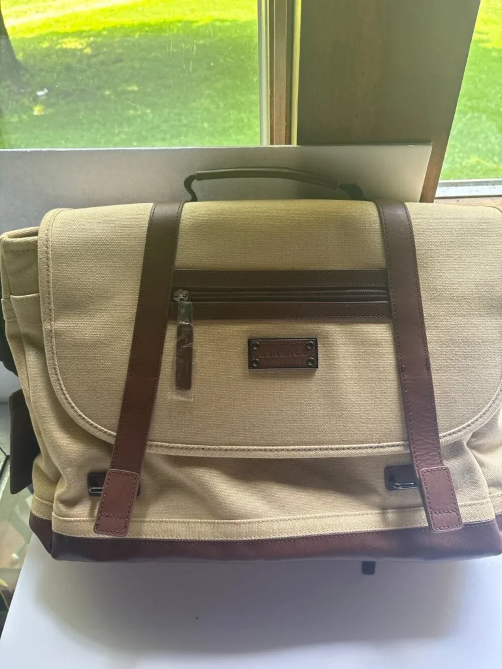 Renwick Canvas & Leather Messenger Bag Tan Laptop Briefcase Crossbody Satchel
